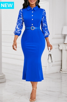 Graffiti Print Button Royal Blue 3/4 Sleeve Bodycon Dress