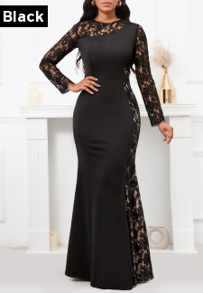Patchwork Black Long Sleeve Round Neck Maxi Bodycon Dress
