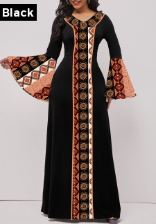 Tribal Print Patchwork Black Long Sleeve Maxi Dress