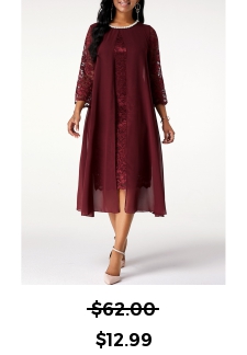 Lace Stitching Pearl 3/4 Sleeve Chiffon Dress