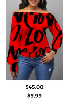Letter Print Skew Neck Long Sleeve Red Valentines Sweatshirt