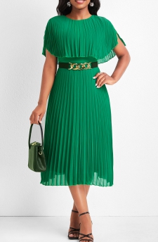 Short Sleeve Pleated Green Round Neck Dress
