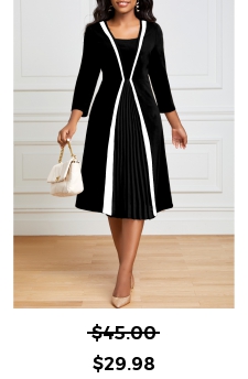 Pleated Hem Black Square Neck Dress