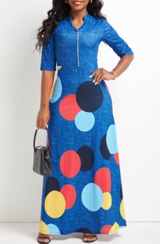 Geometric Print Button Denim Blue Maxi Dress