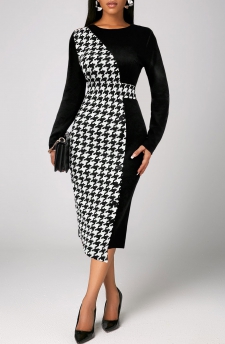 Plaid Patchwork Black Long Sleeve Round Neck Dress