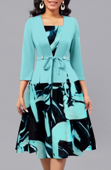 Floral Print Fake 2in1 Mint Green 3/4 Sleeve Dress