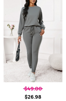 Striped Dark Grey Regular Round Neck Sweatshirt and Pants