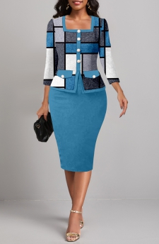 Geometric Print Button Peacock Blue Square Neck Bodycon Dress