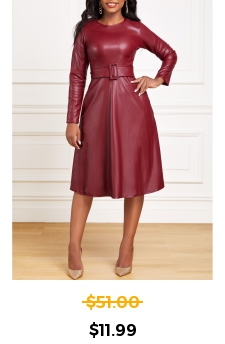 Faux Leather Belted Wine Red Boat Neck Dress