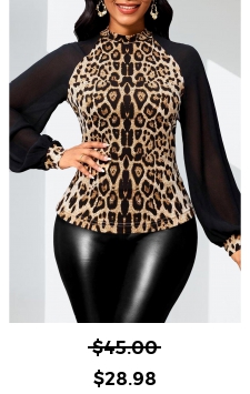 Leopard Patchwork Dark Camel Long Sleeve Stand Collar Blouse