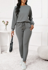 Striped Dark Grey Regular Round Neck Sweatshirt and Pants