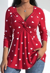 Heart Print Twist Red Long Sleeve T Shirt