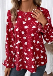 Valentine\'s Day Button Red Long Sleeve Round Neck Blouse