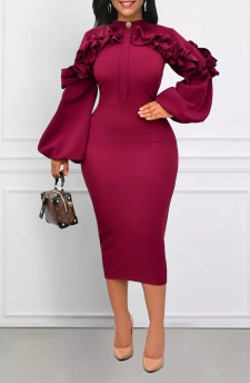 Frill Stand Collar Wine Red Bodycon Dress