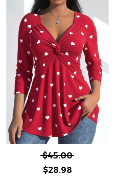 Heart Print Twist Red Long Sleeve T Shirt