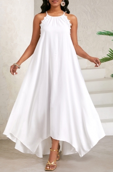 Tie White A Line Sleeveless Round Neck Dress