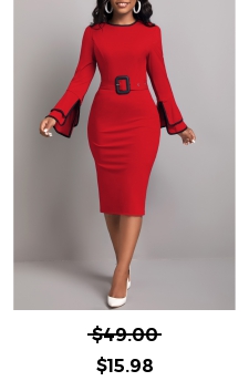 Contrast Binding Belted Wine Red Bodycon Dress