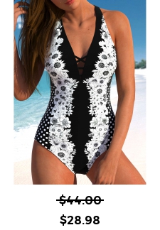 Floral Print Criss Cross Black One Piece Swimwear