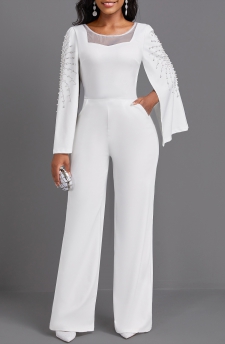 Beaded Long Round Neck White Jumpsuit