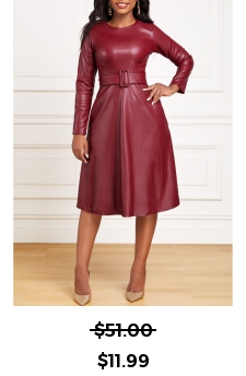 Faux Leather Belted Wine Red Boat Neck Dress