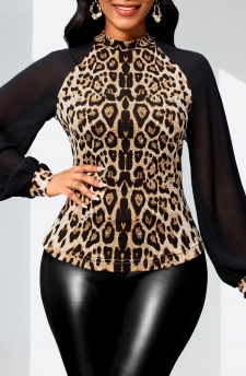 Leopard Patchwork Dark Camel Long Sleeve Stand Collar Blouse