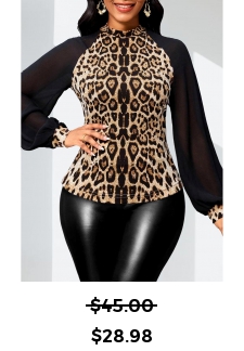 Leopard Patchwork Dark Camel Long Sleeve Stand Collar Blouse