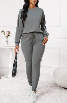 Striped Dark Grey Regular Round Neck Sweatshirt and Pants