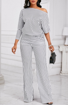 Striped Asymmetry White Long Off Shoulder Top and Pants