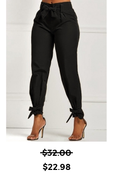 Belted Black Elastic Mid Waisted Pants