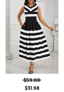 Striped Pocket Black Sleeveless V Neck Maxi Dress