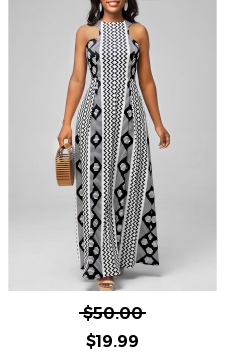 Bib Neck Geometric Print Black Dress
