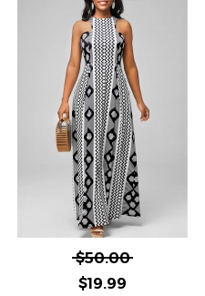Bib Neck Geometric Print Black Dress