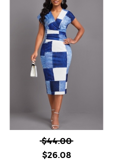 Denim-effect Print Patchwork Denim Blue Short Sleeve Bodycon Dress