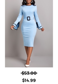 Contrast Binding Belted Light Blue Bodycon Dress