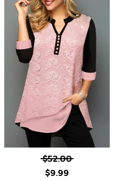 Valentines Paisley Lace Stitching Pink Split Neck Blouse