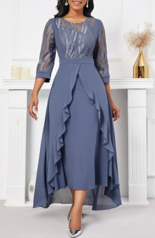 Dusty Blue High Low Round Neck Embroidery Dress