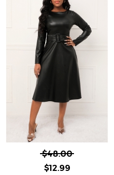 Faux Leather Belted Black Boat Neck Dress