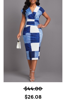 Denim-effect Print Patchwork Denim Blue Short Sleeve Bodycon Dress