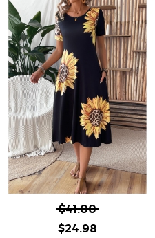 Sunflower Print Pocket Black Short Sleeve Round Neck Dress