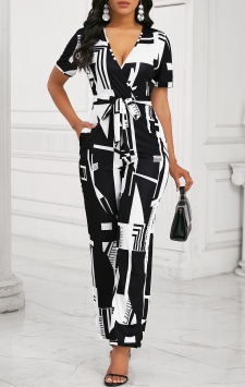 Geometric Print Pocket Belted Black Ankle Length Jumpsuit