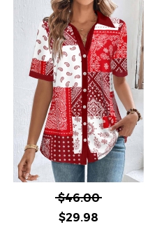 Short Sleeve Patchwork Red Shirt Collar Blouse