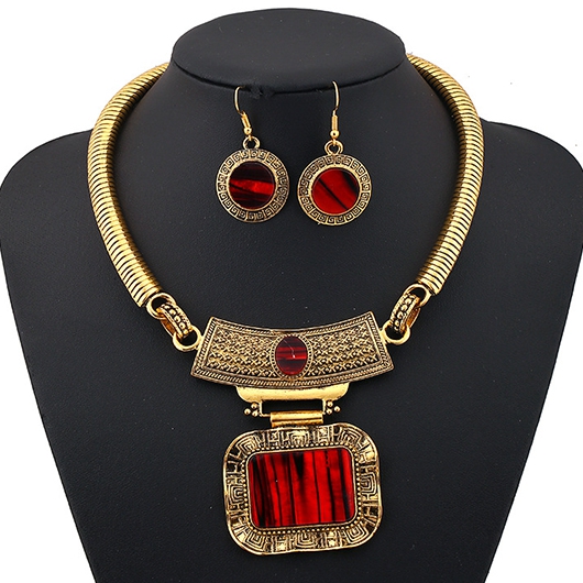 Retro Gold Geometric Design Necklace and Earrings