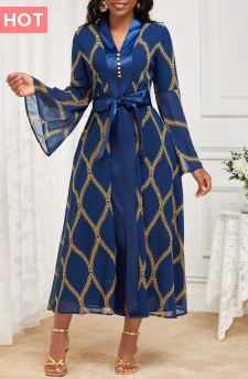 Tribal Print Patchwork Belted Navy New Year Dress