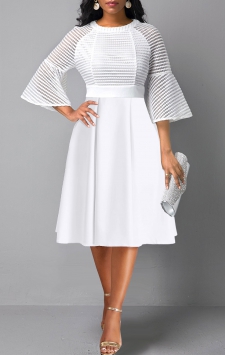 Three Quarter Length Sleeve Mesh White Round Neck Dress
