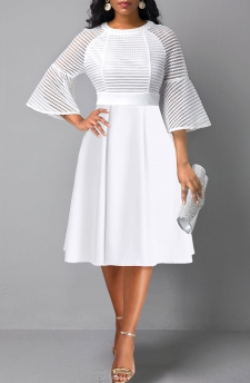 Three Quarter Length Sleeve Mesh White Round Neck Dress