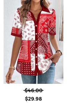 Short Sleeve Patchwork Red Shirt Collar Blouse