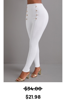High Waisted Button White Skinny Elastic Waist Pants