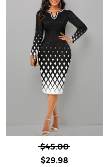 Geometric Print Patchwork Black Long Sleeve Dress