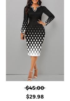 Geometric Print Patchwork Black Long Sleeve Dress