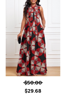 Geometric Print Ribbon Red A Line Sleeveless Dress